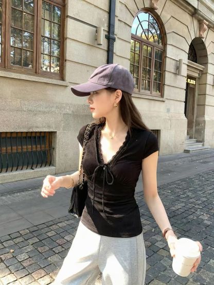 Derby Lace-Trim Tie-Front Ruched Top