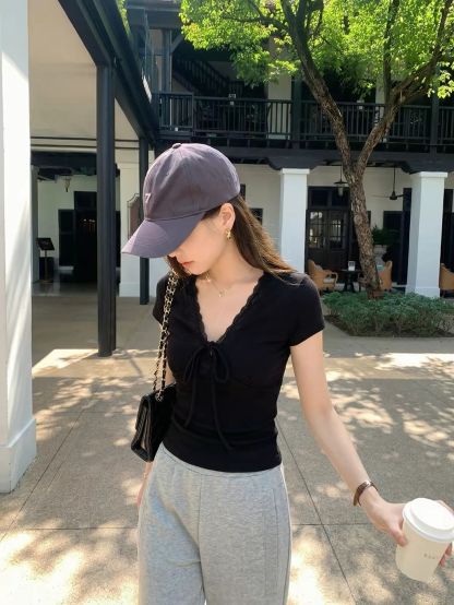 Derby Lace-Trim Tie-Front Ruched Top