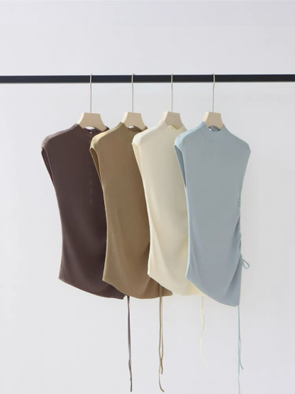 Ellie High Neck Side Ruched Back Button Knit Top-The Black Bow-