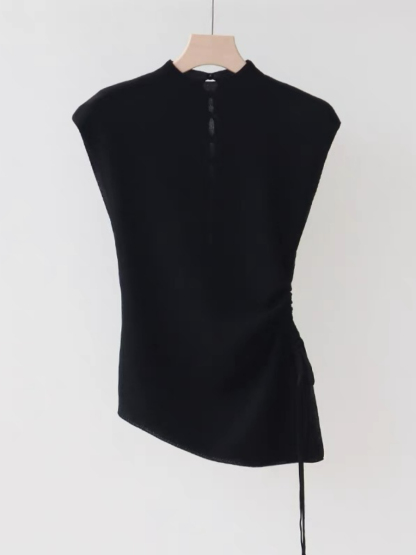 Ellie High Neck Side Ruched Back Button Knit Top-The Black Bow-