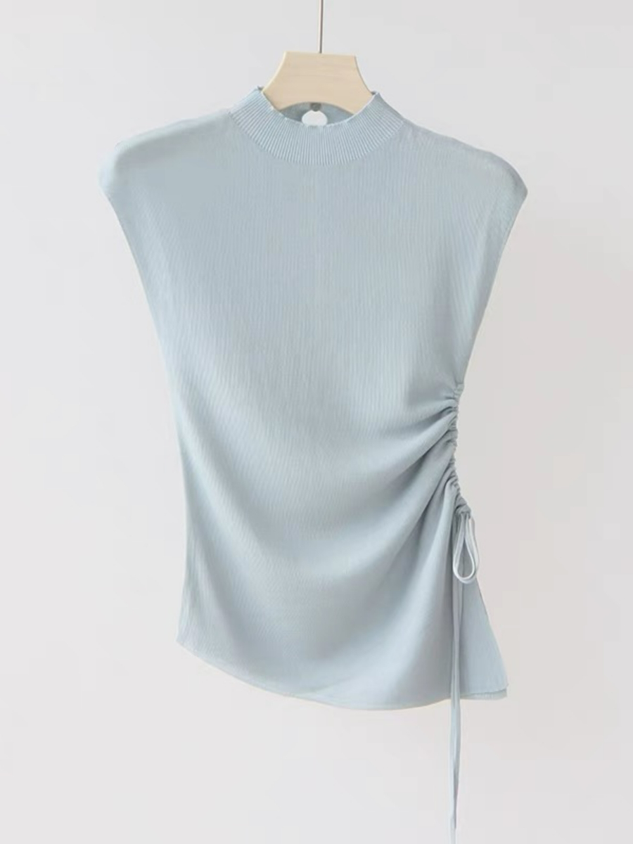 Ellie High Neck Side Ruched Back Button Knit Top-The Black Bow-