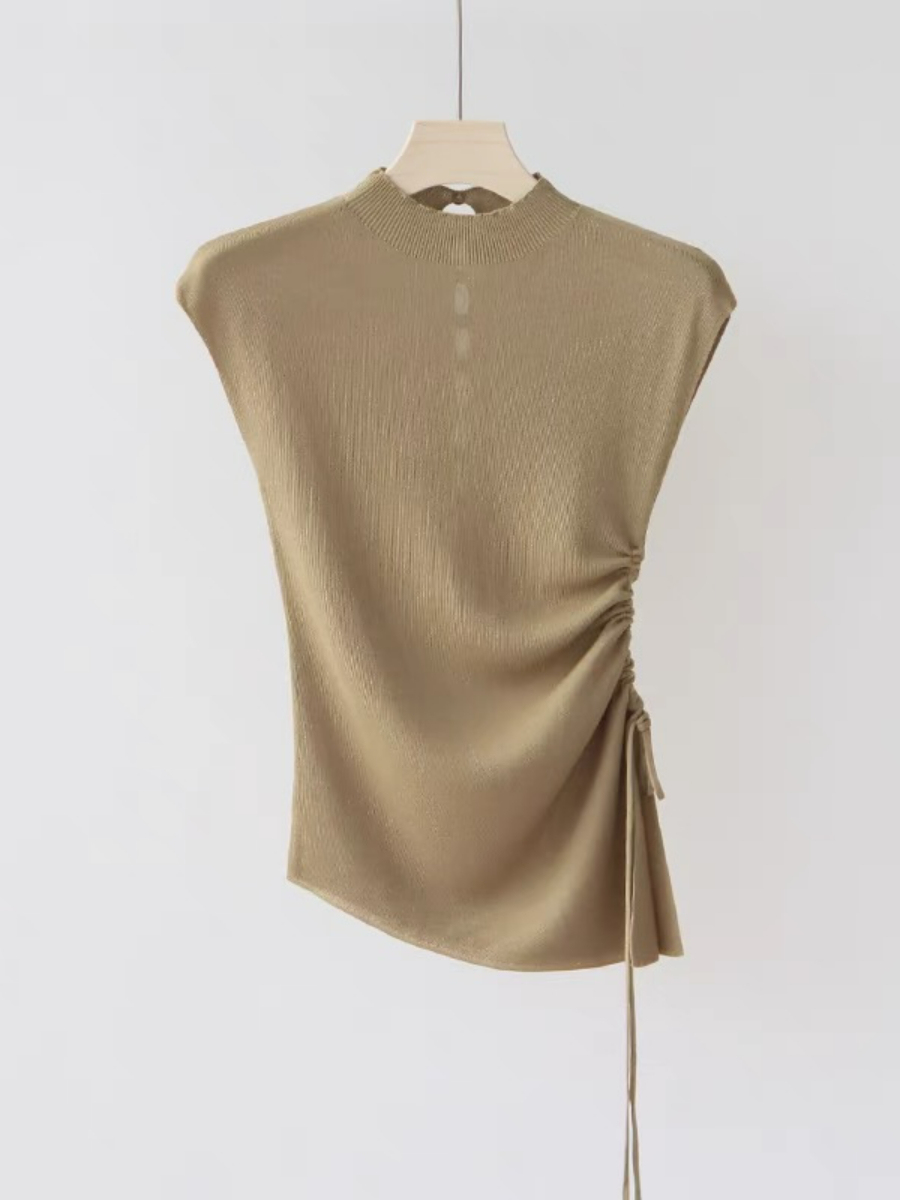 Ellie High Neck Side Ruched Back Button Knit Top-The Black Bow-