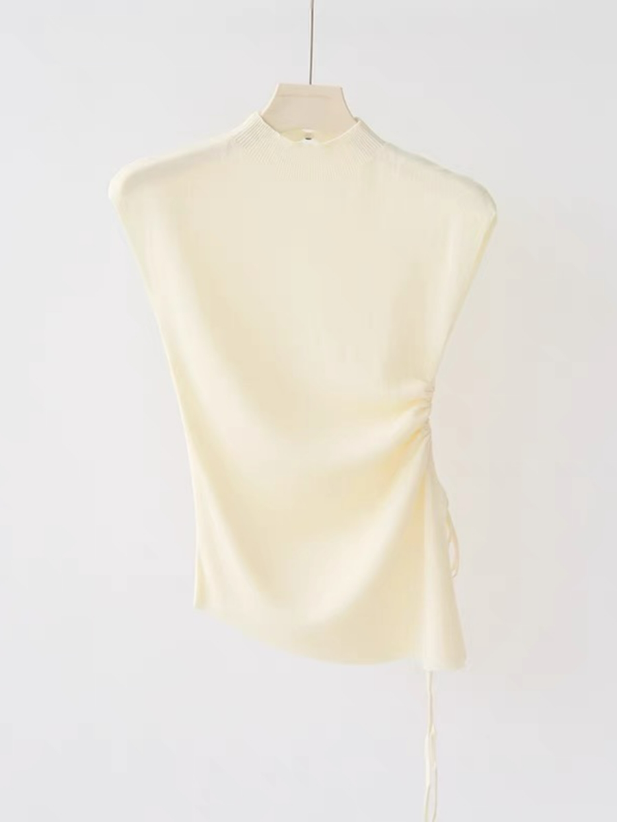 Ellie High Neck Side Ruched Back Button Knit Top-The Black Bow-