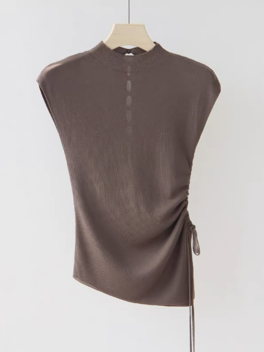 Ellie High Neck Side Ruched Back Button Knit Top-The Black Bow-