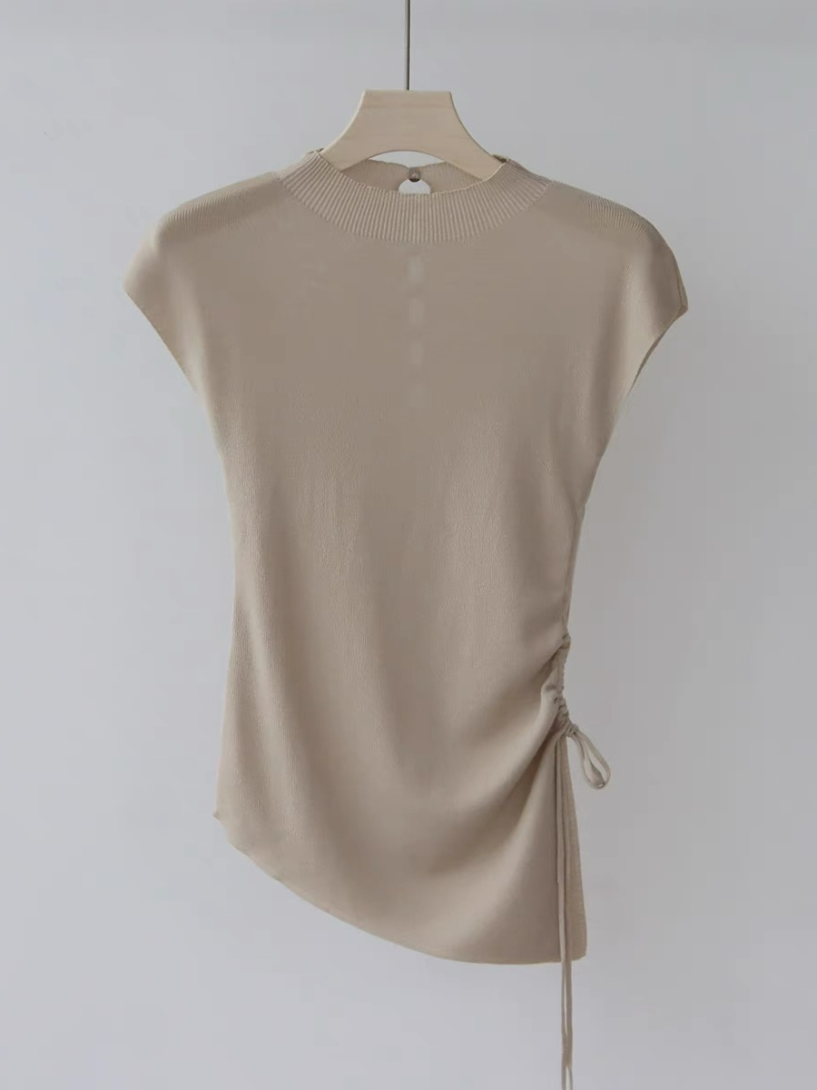 Ellie High Neck Side Ruched Back Button Knit Top-The Black Bow-