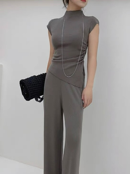 Ellie High Neck Side Ruched Back Button Knit Top-The Black Bow-