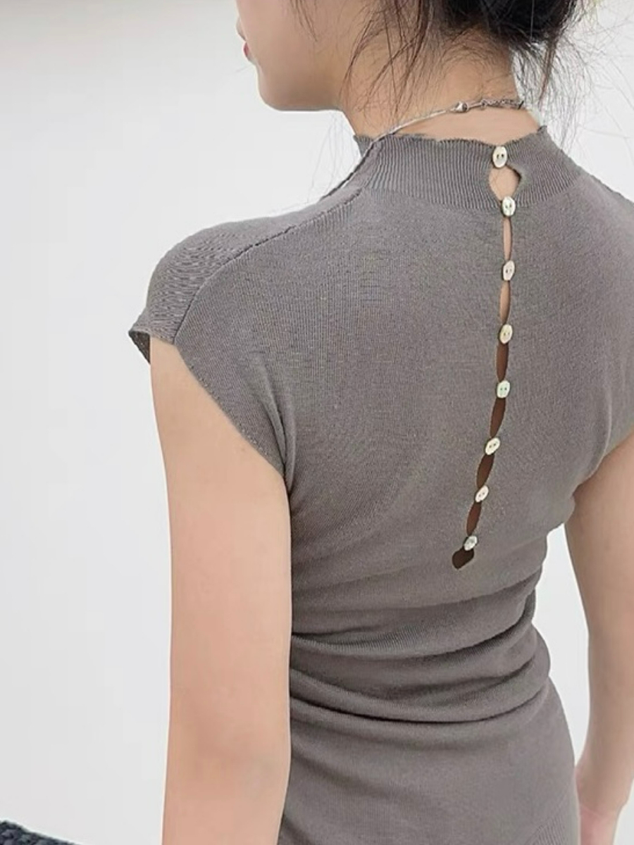 Ellie High Neck Side Ruched Back Button Knit Top-The Black Bow-