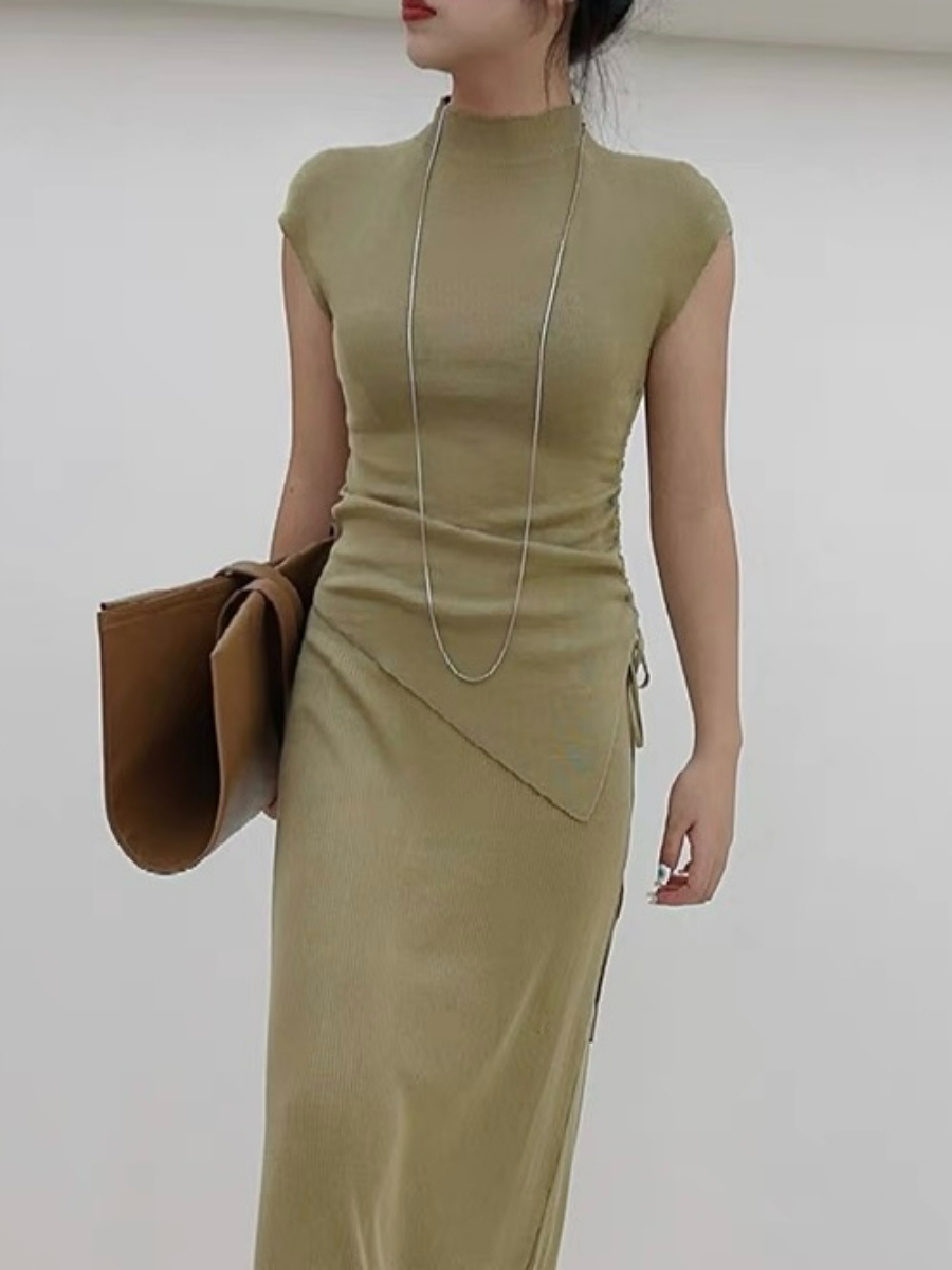 Ellie High Neck Side Ruched Back Button Knit Top-The Black Bow-