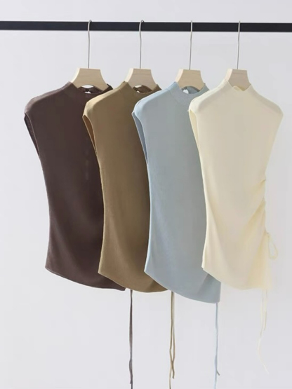 Ellie High Neck Side Ruched Back Button Knit Top-The Black Bow-