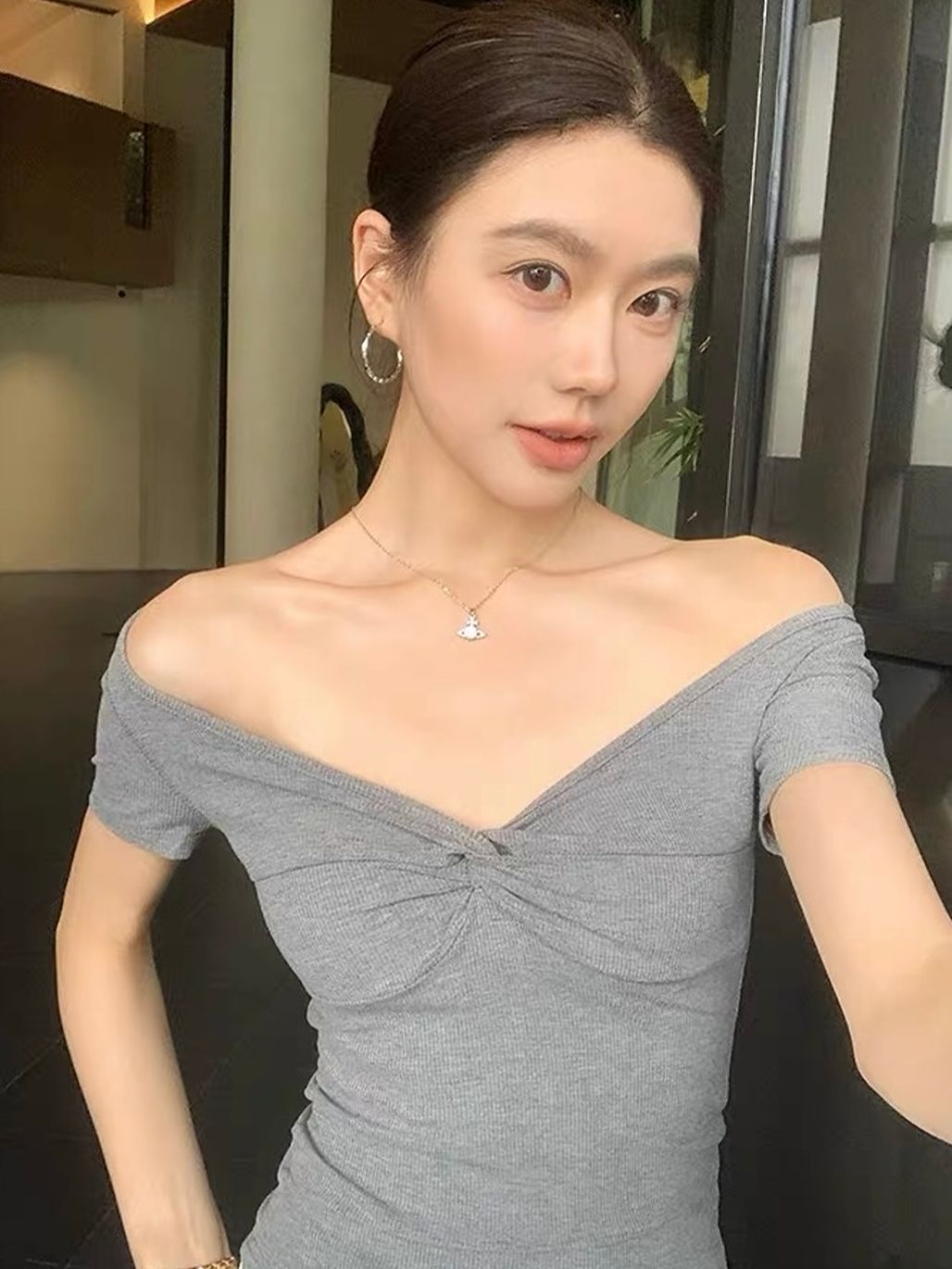 Devorah Two-Way Off-Shoulder Twist-Front Fitted Top