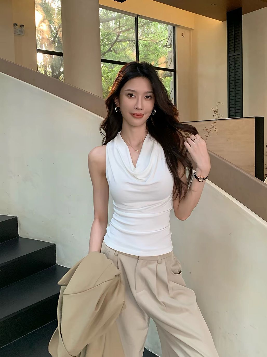 Desyree Cowl-Neck Halter Fitted Top