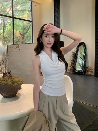 Desyree Cowl-Neck Halter Fitted Top