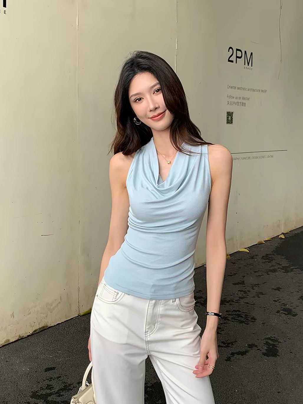 Desyree Cowl-Neck Halter Fitted Top