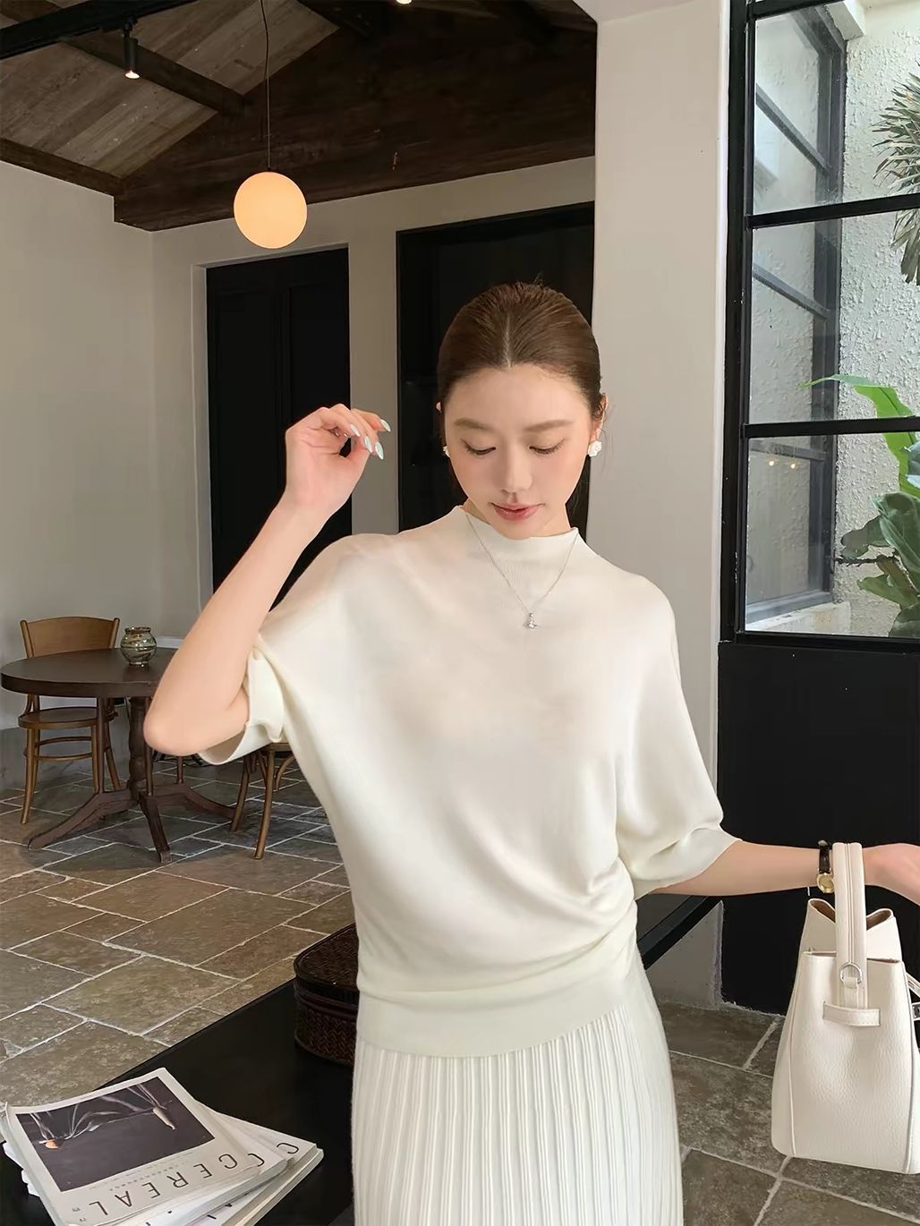 Dove Batwing-Sleeve Fine-Knit Top