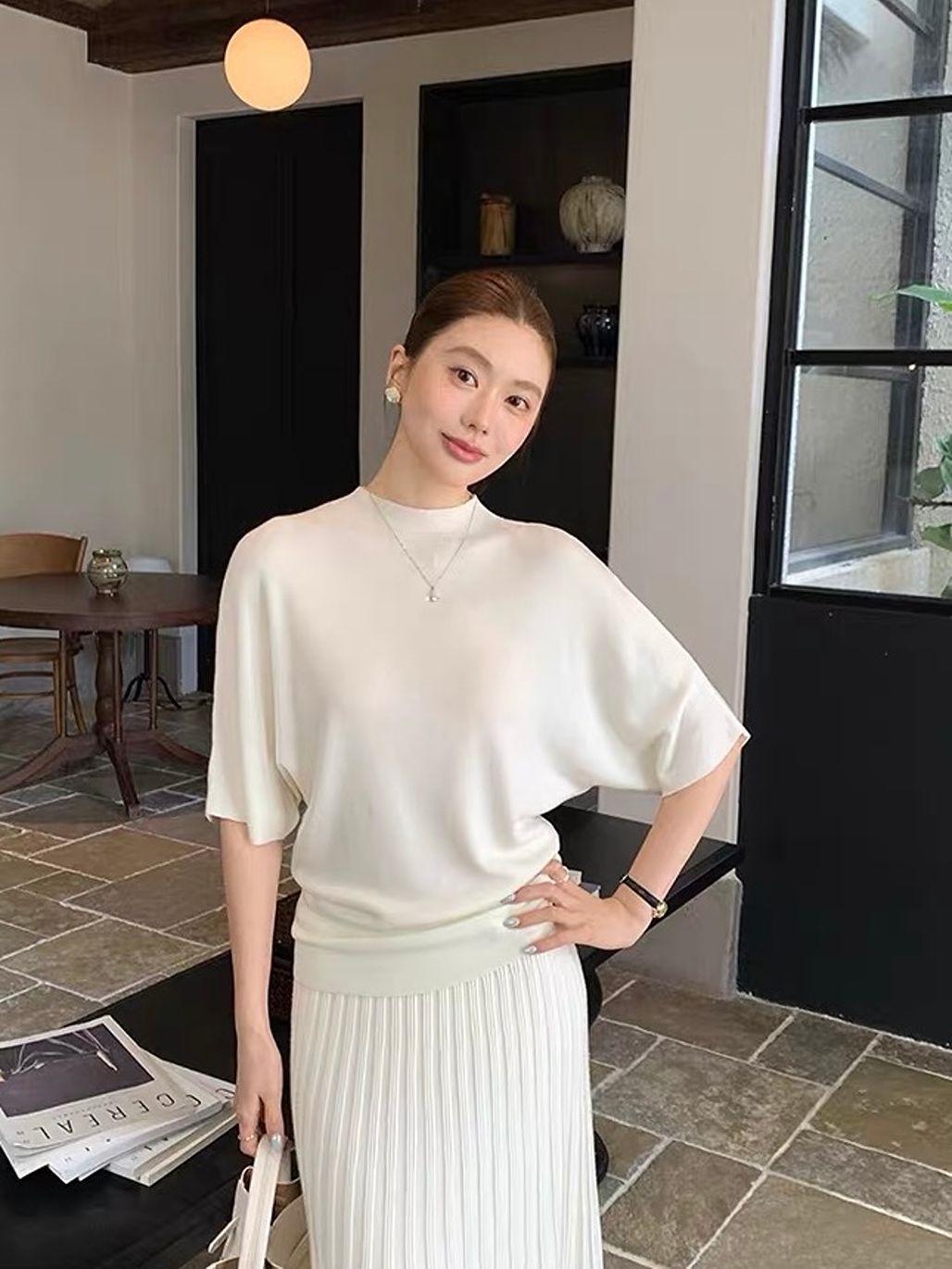 Dove Batwing-Sleeve Fine-Knit Top