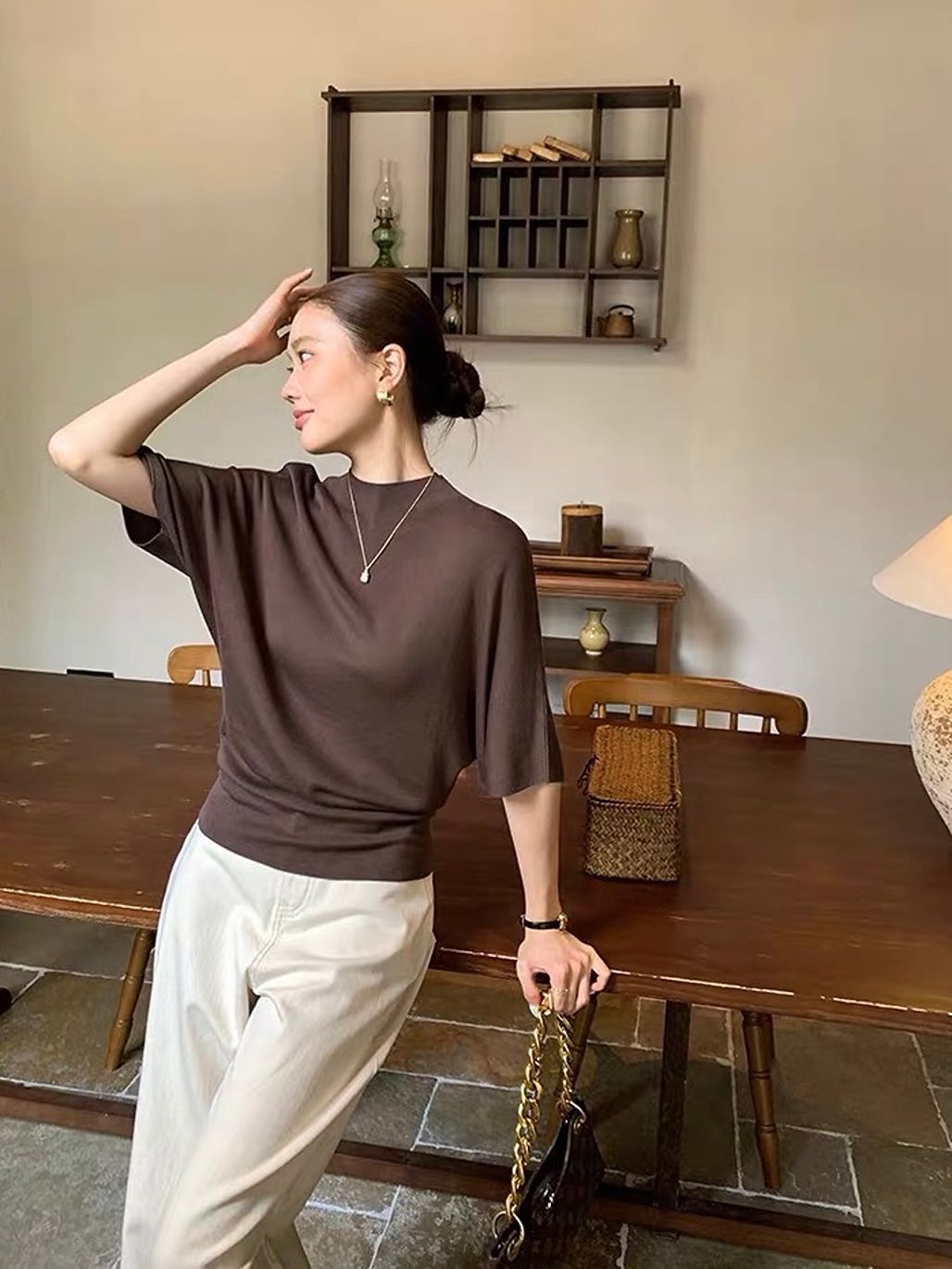 Dove Batwing-Sleeve Fine-Knit Top