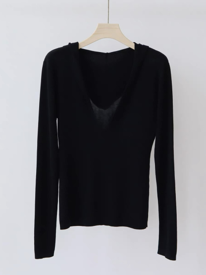 Eliza Deep V Knit Hoodie-The Black Bow-