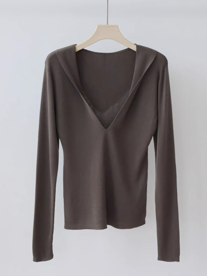 Eliza Deep V Knit Hoodie-The Black Bow-