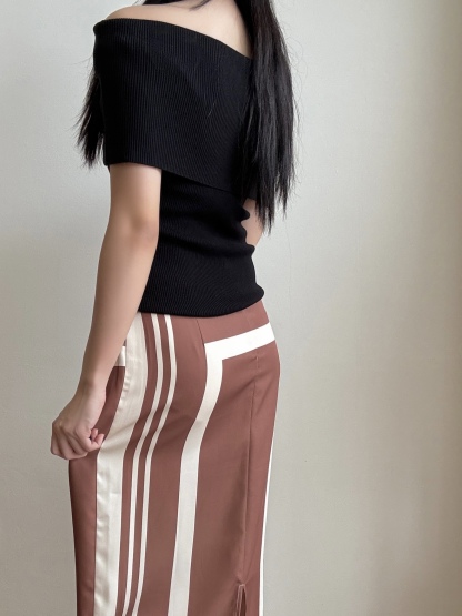 【Resort Elegance】Off Shoulder Knit Top + Fluid Geometric Print Skirt (Order Separately)