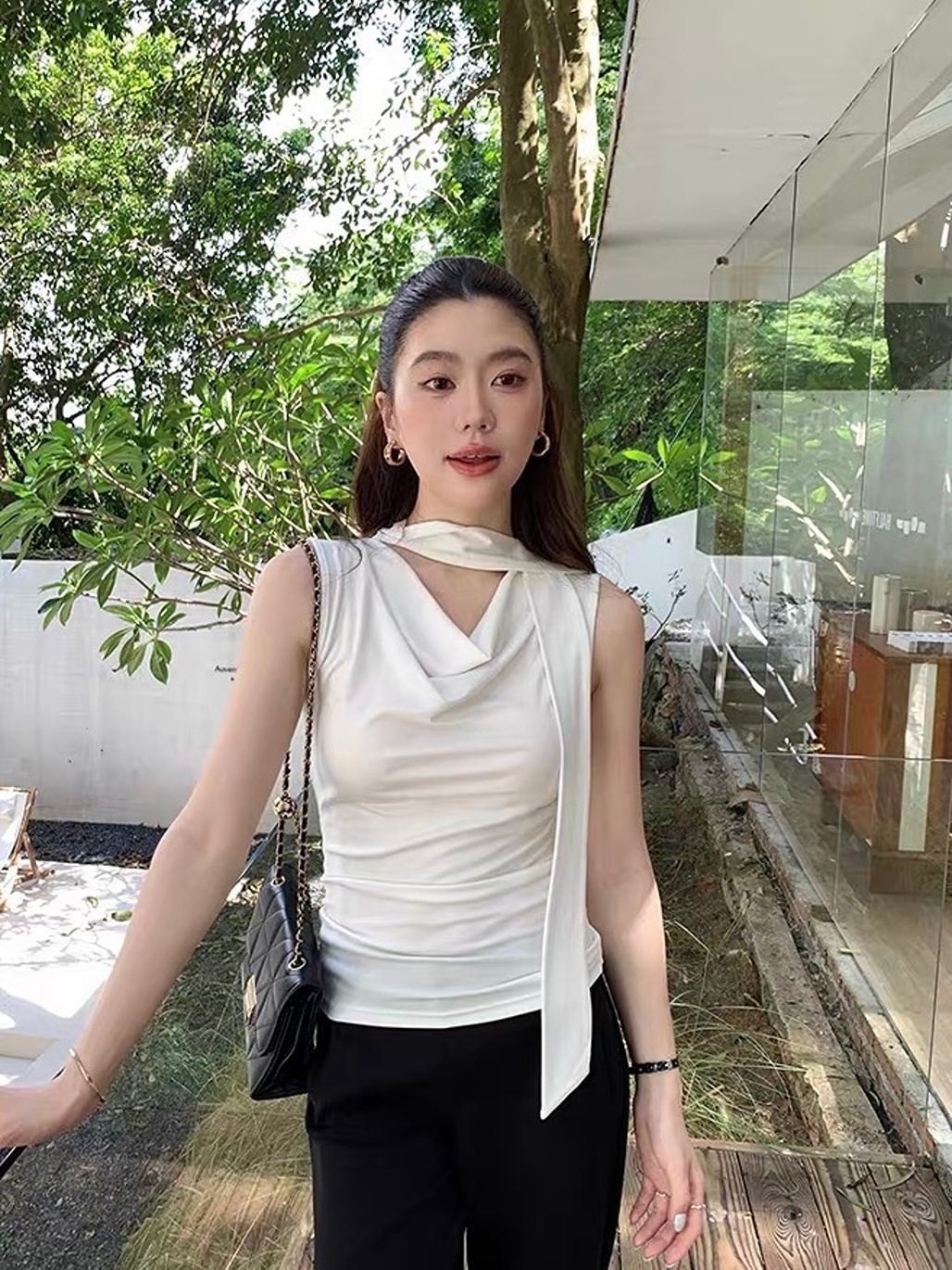 Damonica Tie-Neck Draped Sleeveless Top