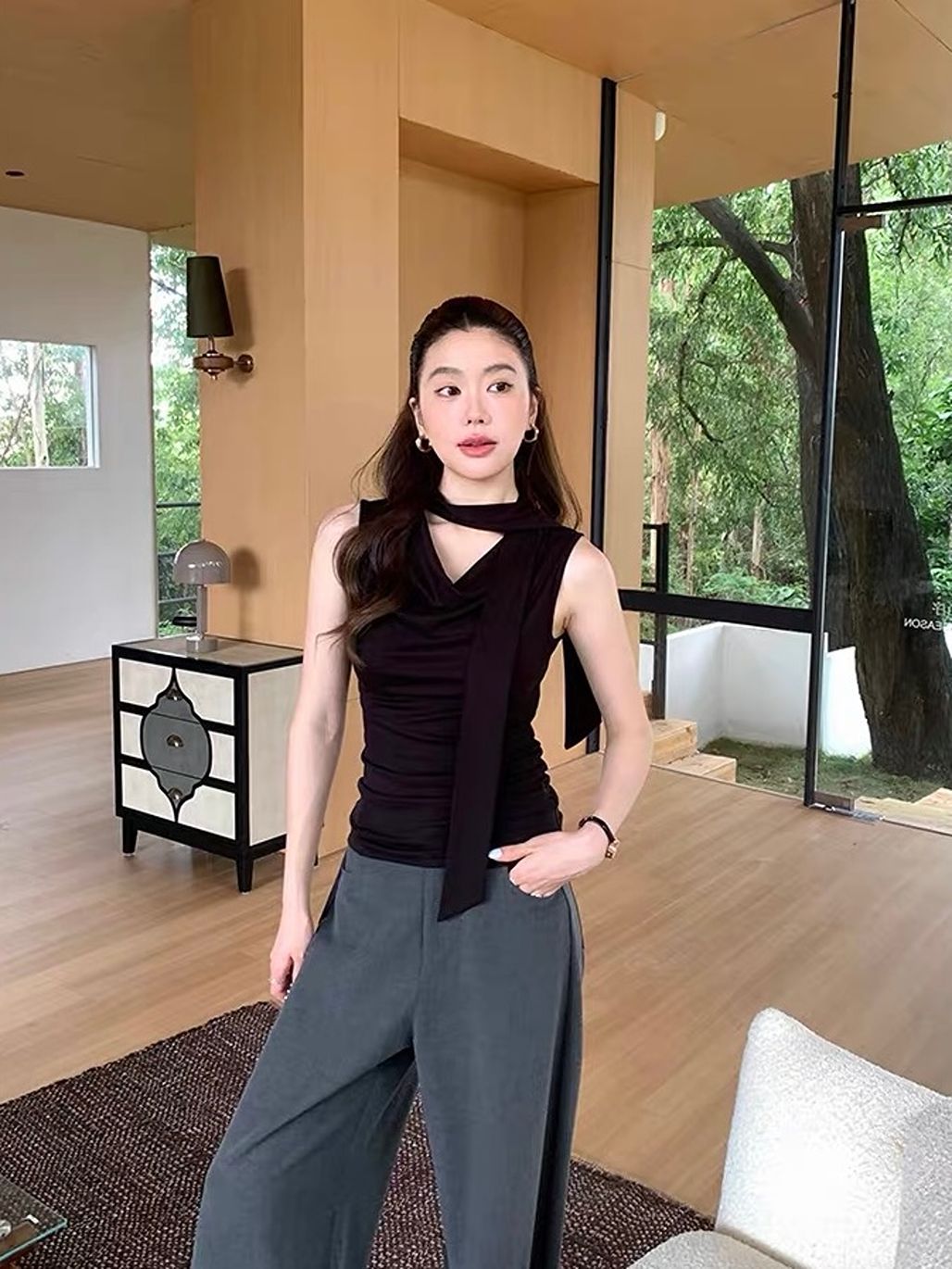Damonica Tie-Neck Draped Sleeveless Top