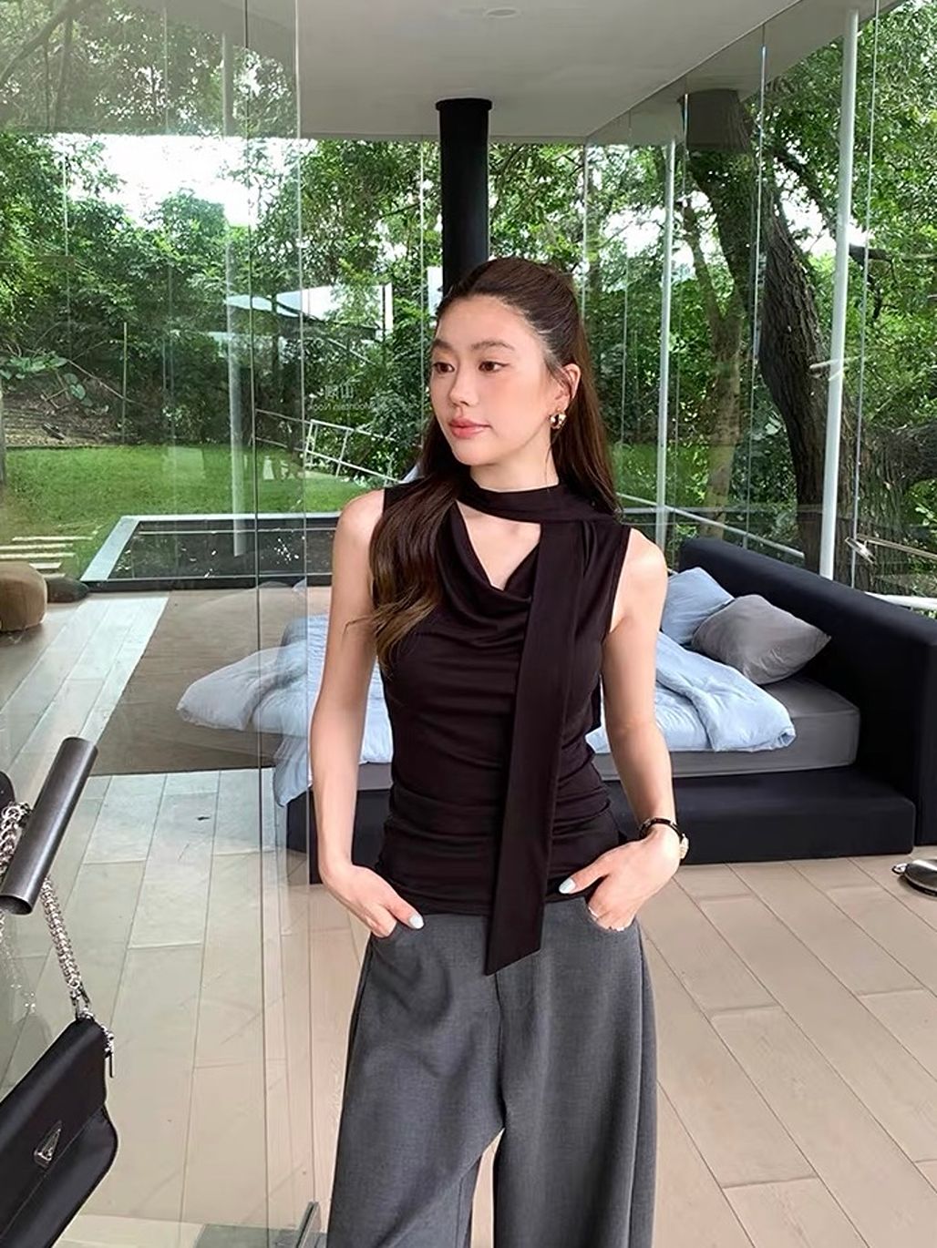 Damonica Tie-Neck Draped Sleeveless Top