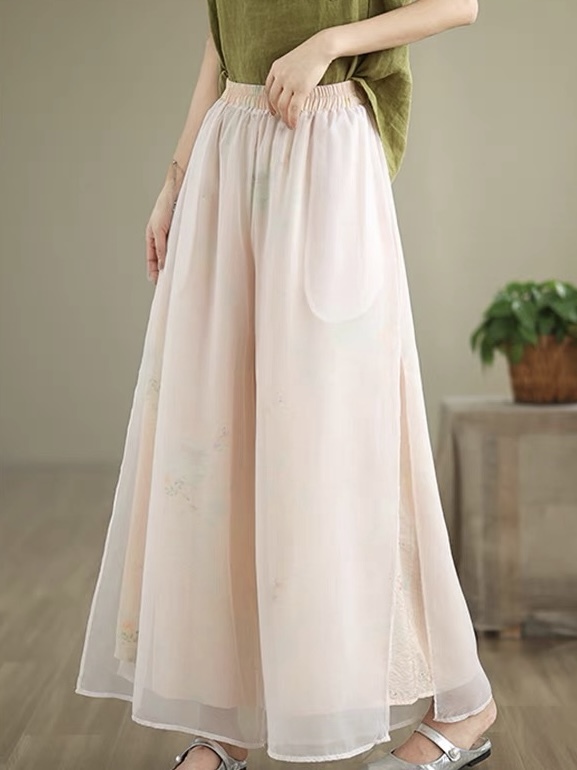 Fang Ning Sheer Wide Leg Pants with Oriental Printing-The Black Bow-