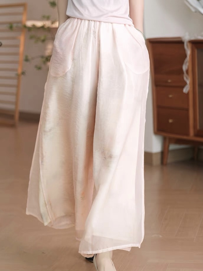 Fang Ning Sheer Wide Leg Pants with Oriental Printing-The Black Bow-