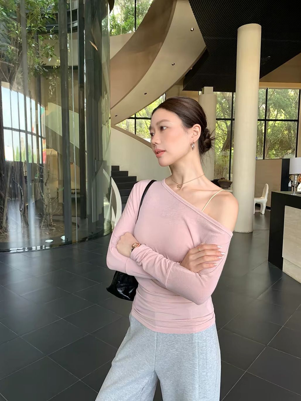 Dareau Asymmetric-Neck Draped Sheer Top