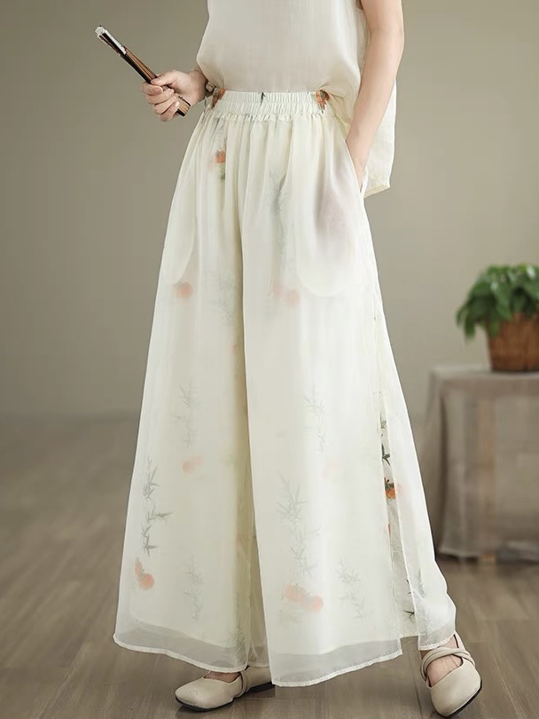 Fang Ning Sheer Wide Leg Pants with Oriental Printing-The Black Bow-