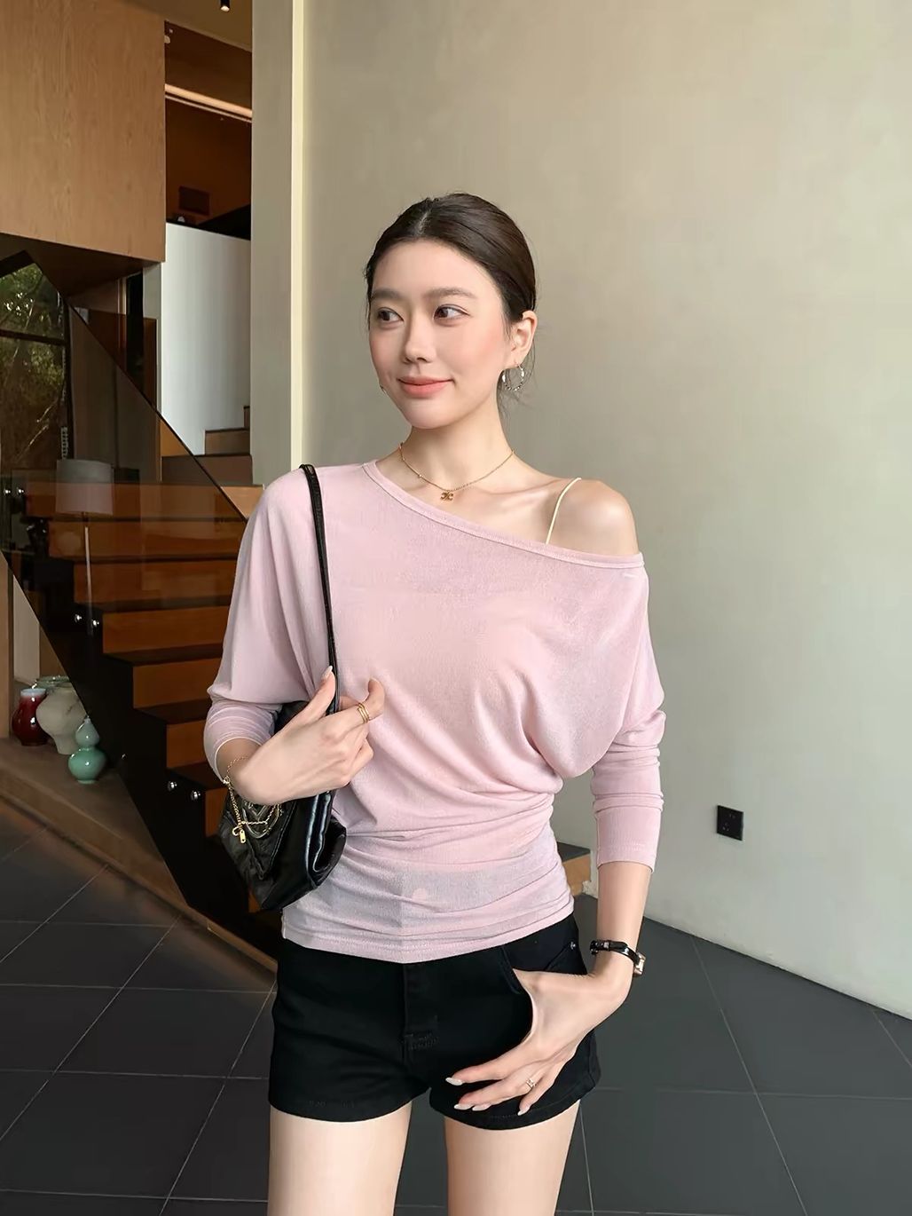 Dareau Asymmetric-Neck Draped Sheer Top