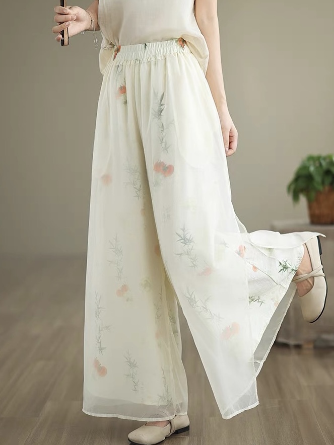 Fang Ning Sheer Wide Leg Pants with Oriental Printing-The Black Bow-