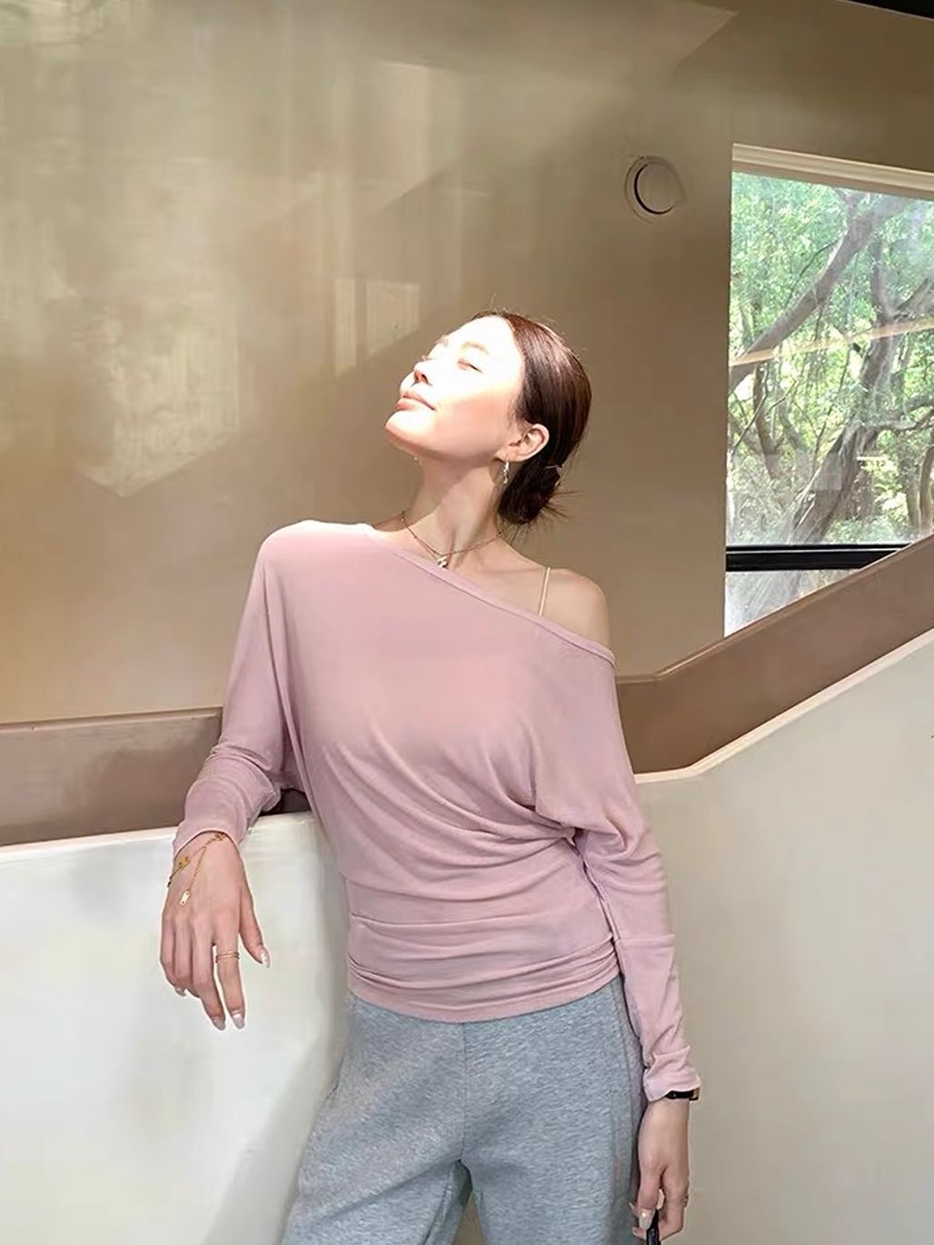 Dareau Asymmetric-Neck Draped Sheer Top