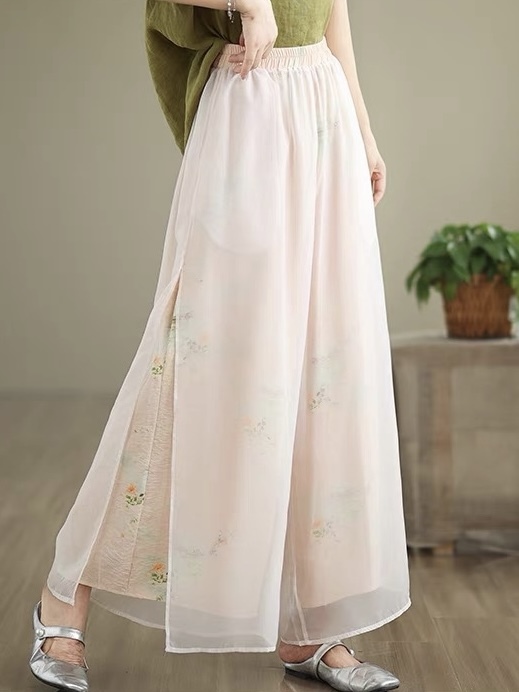 Fang Ning Sheer Wide Leg Pants with Oriental Printing-The Black Bow-