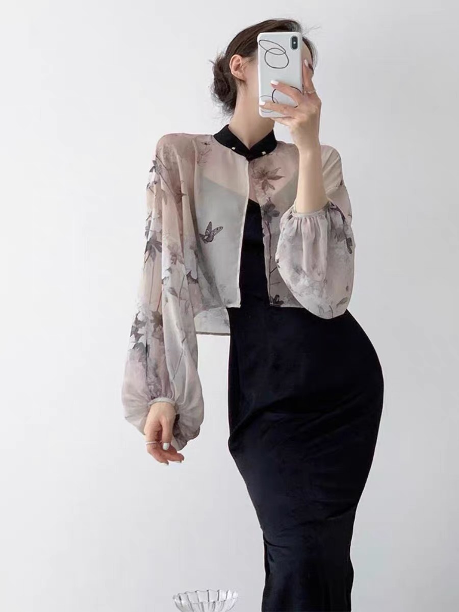 Ya Ying Sheer Chiffon Cardigan with Butterfly Printing-The Black Bow-