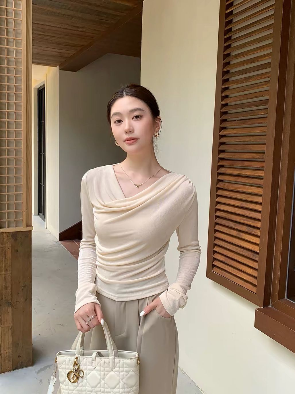 Dylla Cowl-Neck Long Sleeve Top