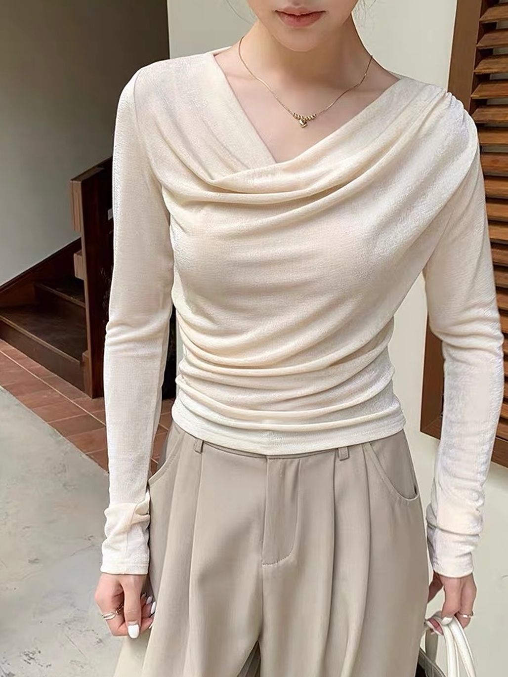 Dylla Cowl-Neck Long Sleeve Top