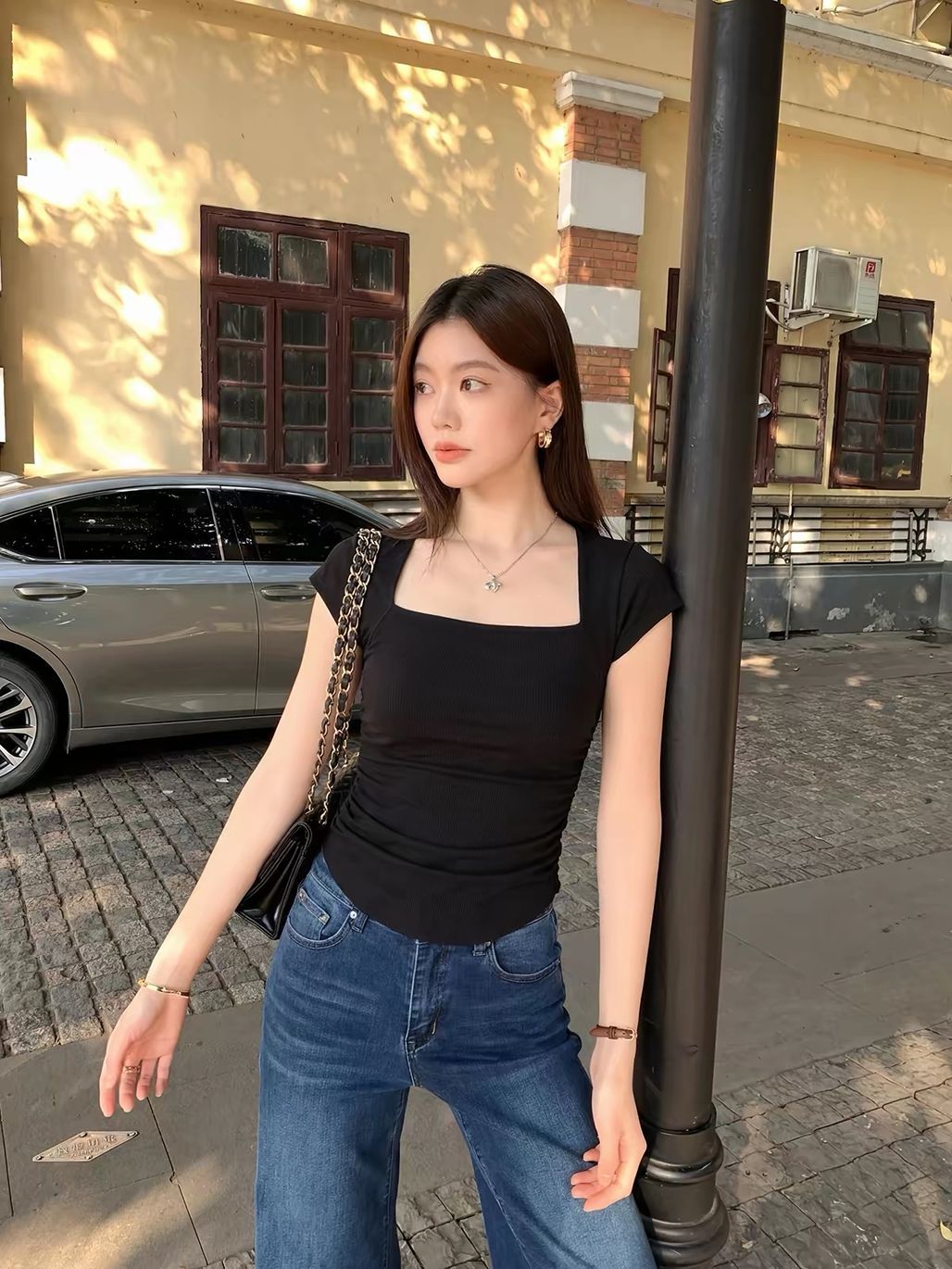 Dobby Queen Anne Neckline Waistline Knit Top