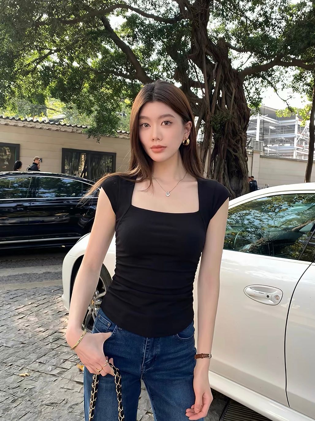 Dobby Queen Anne Neckline Waistline Knit Top
