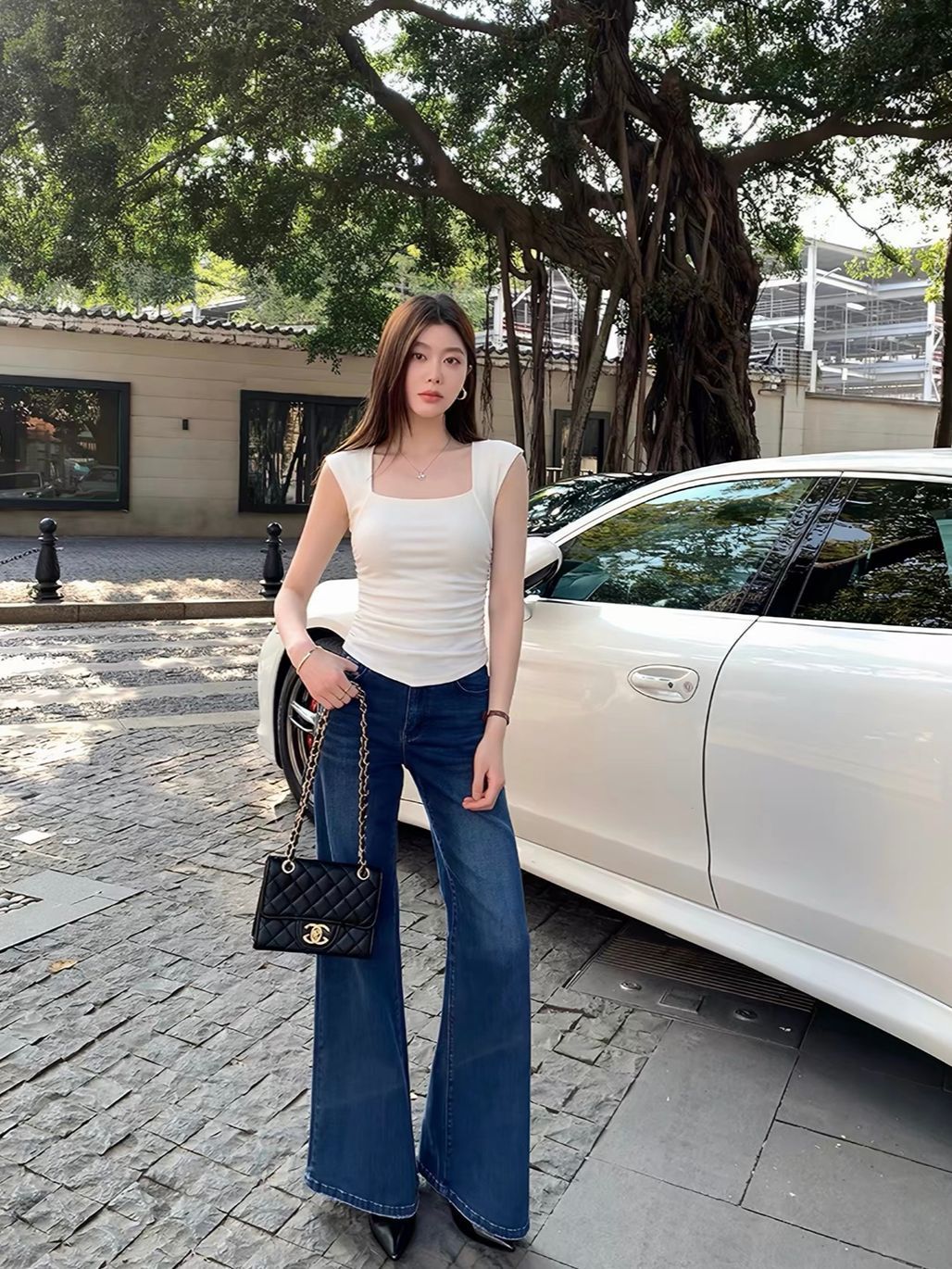 Dobby Queen Anne Neckline Waistline Knit Top