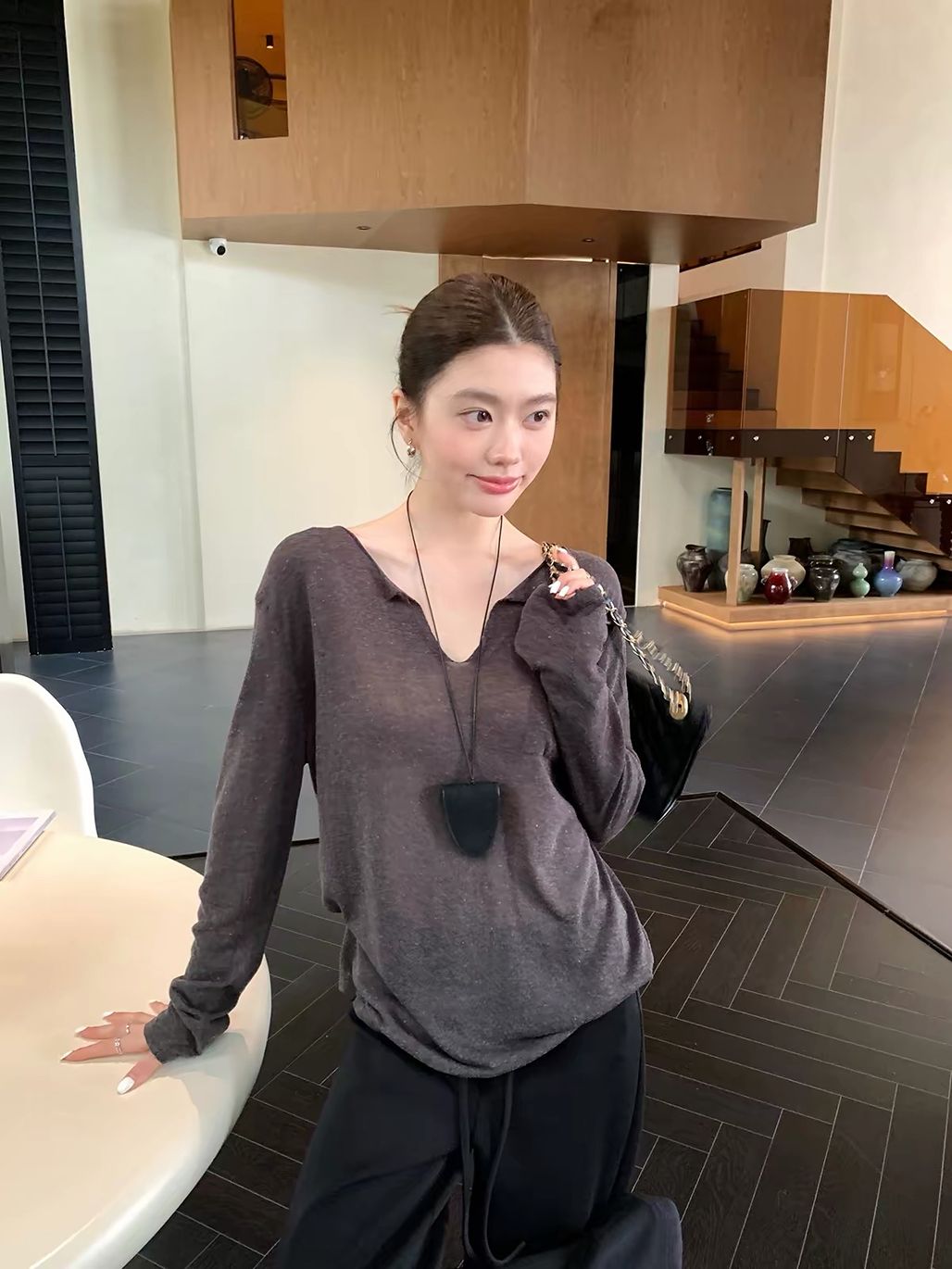 Darana Raw-Edge V-Neck Slouchy Knit Top