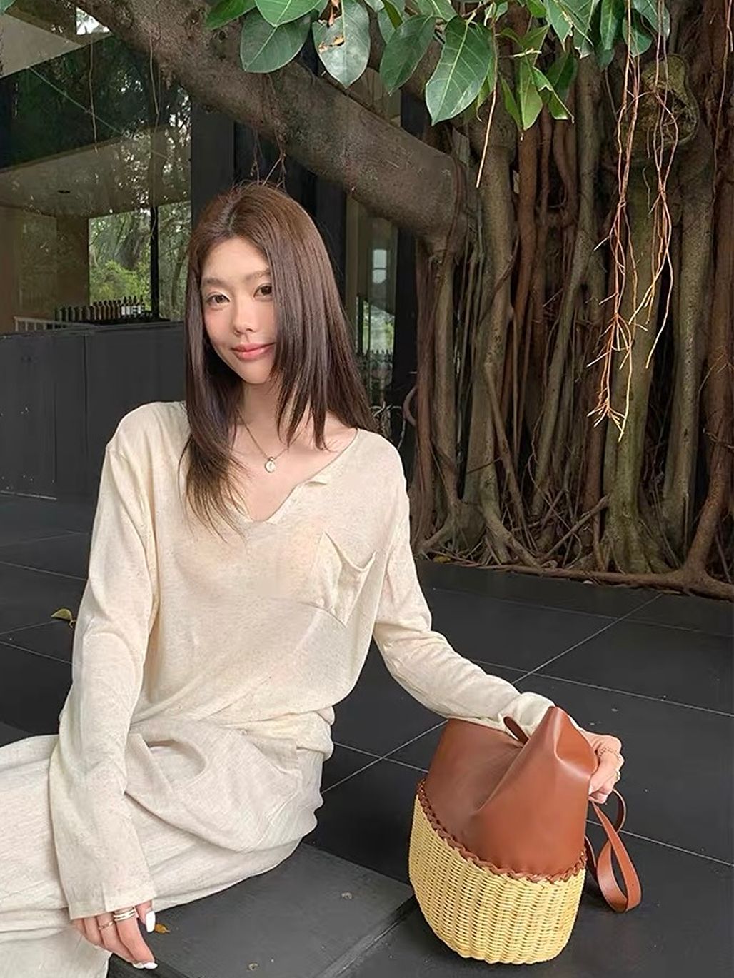 Darana Raw-Edge V-Neck Slouchy Knit Top