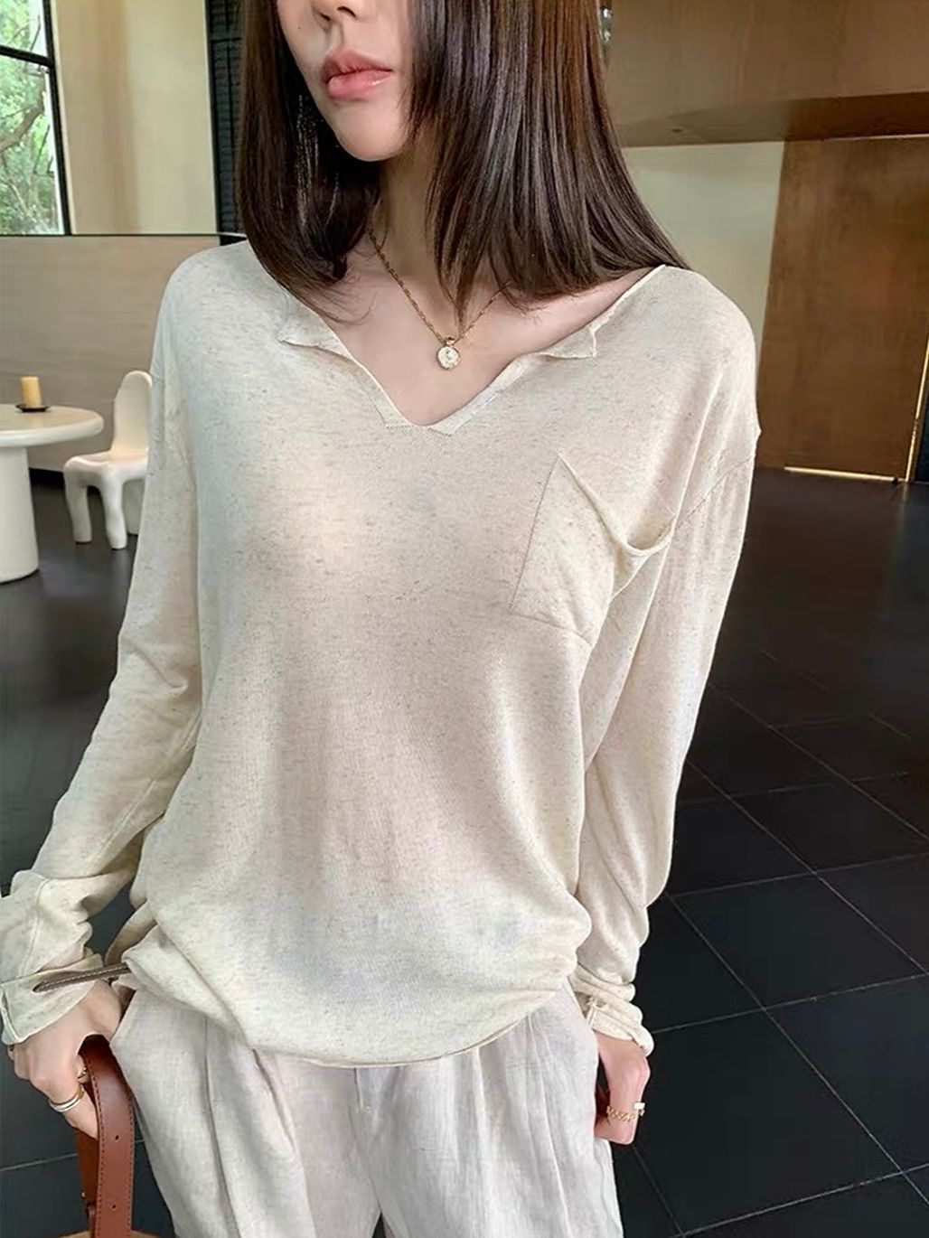 Darana Raw-Edge V-Neck Slouchy Knit Top