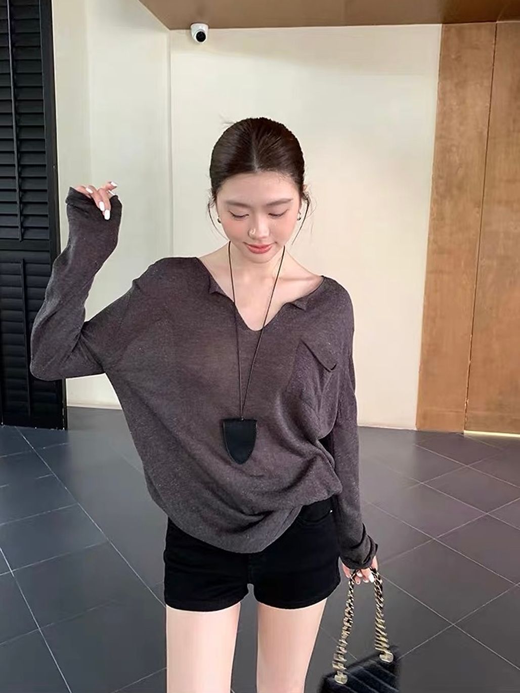 Darana Raw-Edge V-Neck Slouchy Knit Top