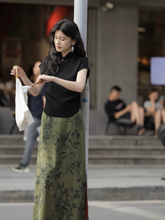 Fang Ye Oriental Printing A-Line Skirt-The Black Bow-