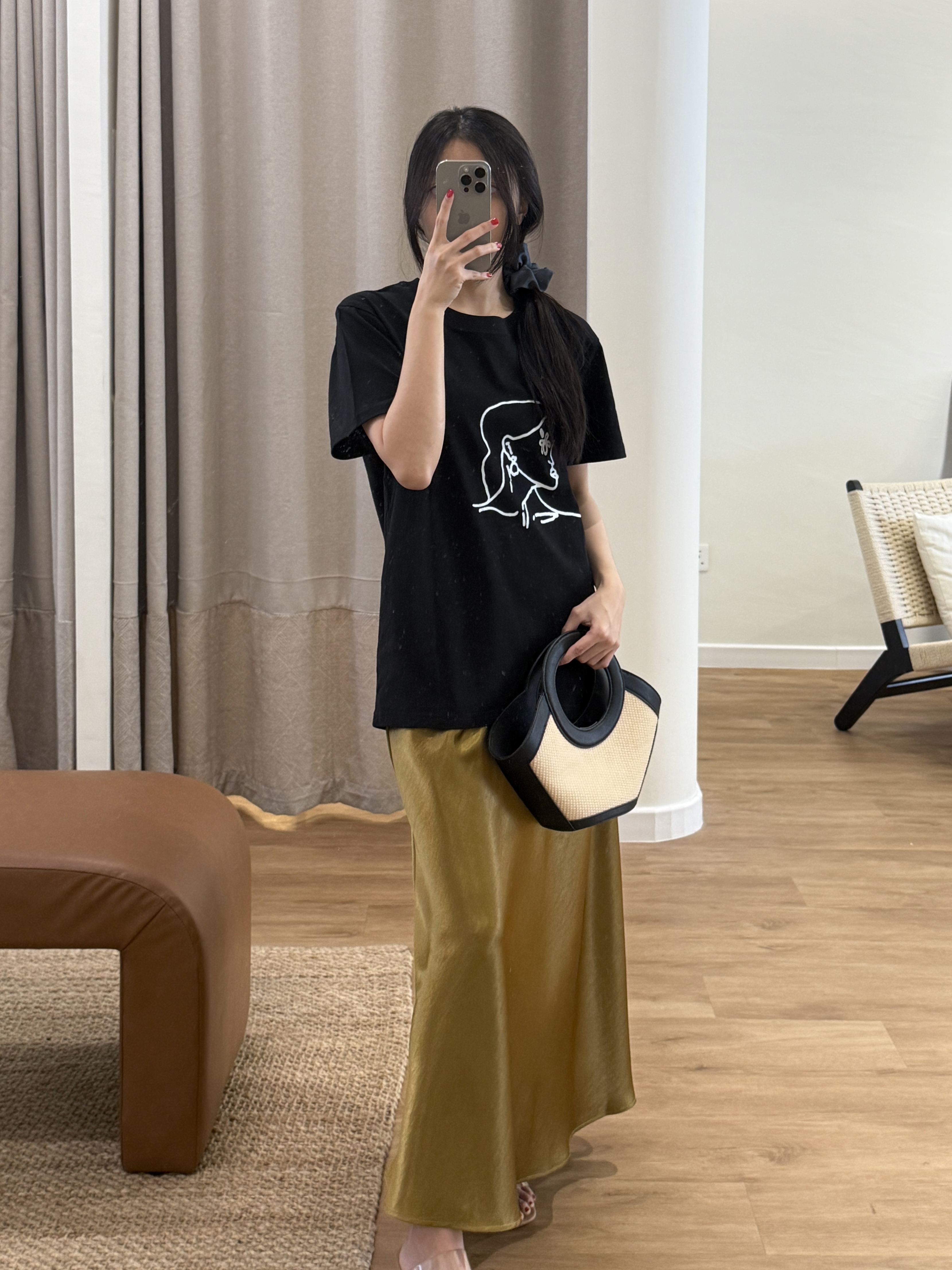 【Casual chic】Graphic Tee + Satin Skirt (Order Separately)