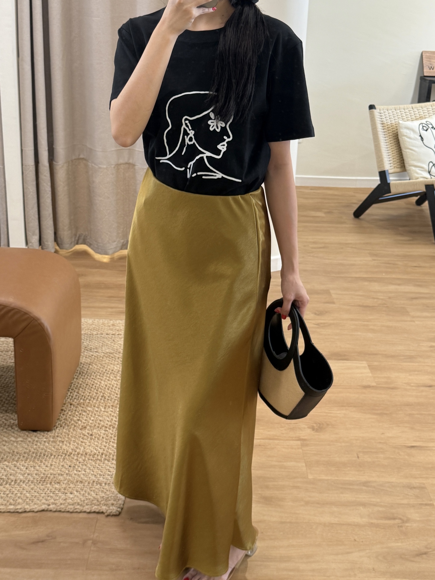 【Casual chic】Graphic Tee + Satin Skirt (Order Separately)