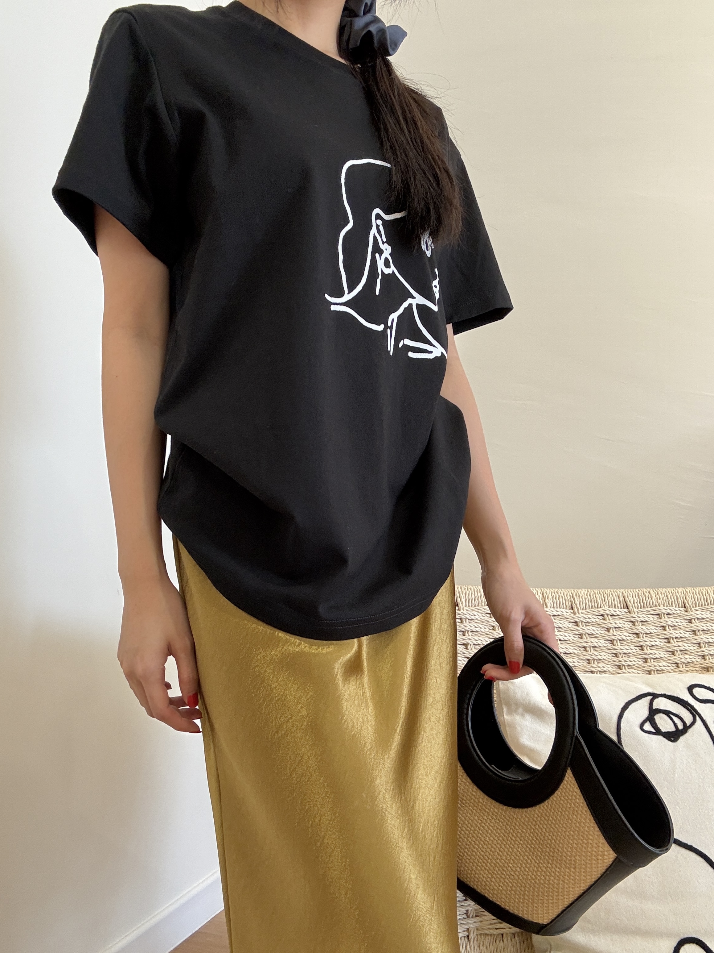 【Casual chic】Graphic Tee + Satin Skirt (Order Separately)