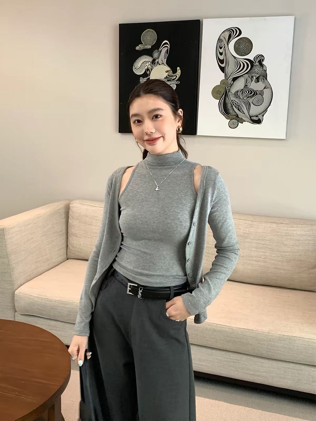 Mock-Neck Top & Cardigan Set