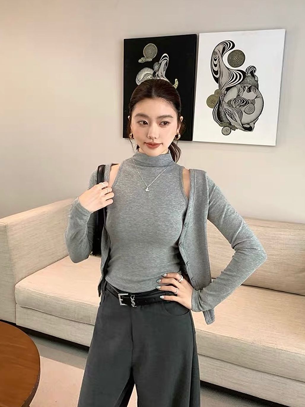 Mock-Neck Top & Cardigan Set